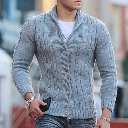 Men's textured cable knit cardigan with shawl collar and button front