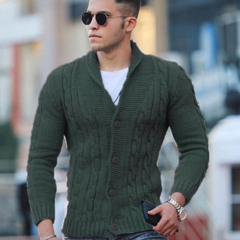 Men's textured cable knit cardigan with shawl collar and button front