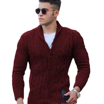 Men's textured cable knit cardigan with shawl collar and button front