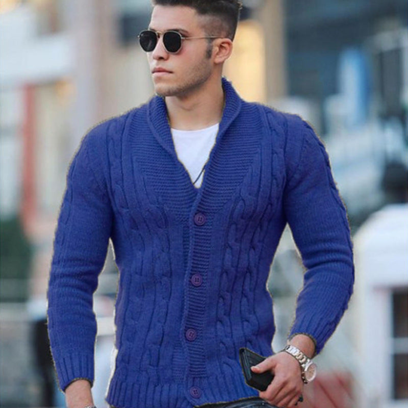 Men's textured cable knit cardigan with shawl collar and button front