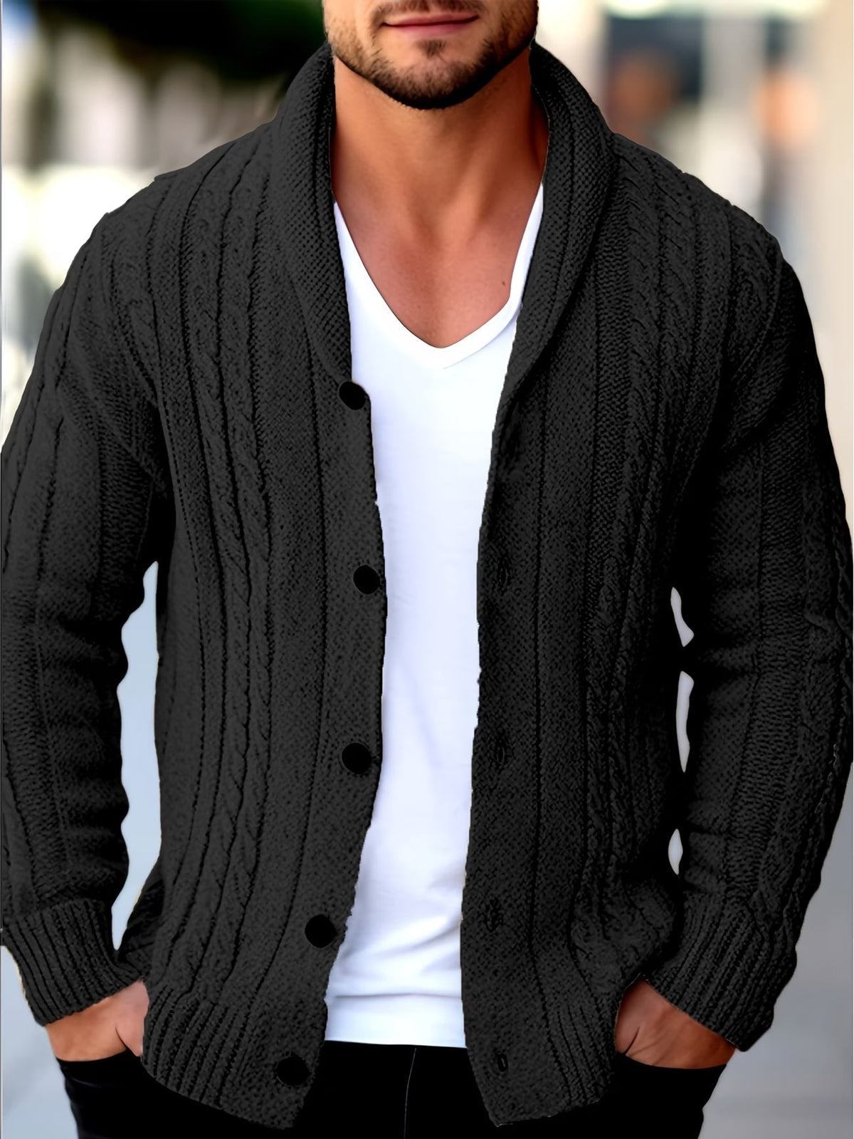 Men's textured cable knit cardigan with shawl collar and button front