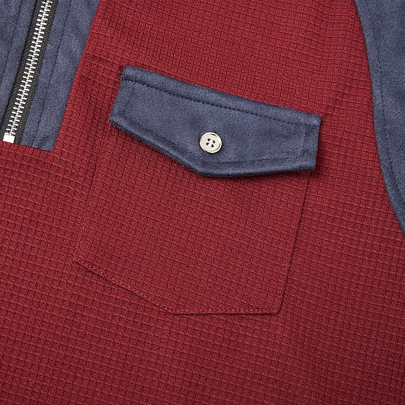 Men's long-sleeved ribbed quarter-zip jumper with contrast panels, elbow patches and chest pocket