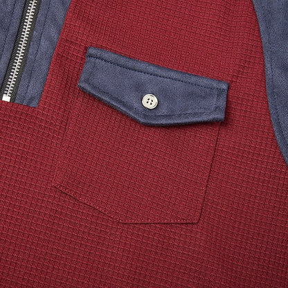 Men's long-sleeved ribbed quarter-zip jumper with contrast panels, elbow patches and chest pocket