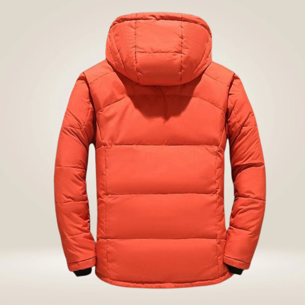 Men's padded hooded winter jacket with zipped pockets and snap storm flap