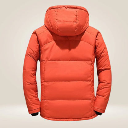 Men's padded hooded winter jacket with zipped pockets and snap storm flap