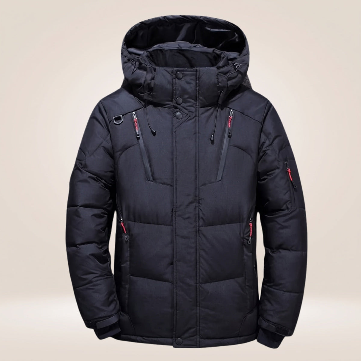 Men's padded hooded winter jacket with zipped pockets and snap storm flap