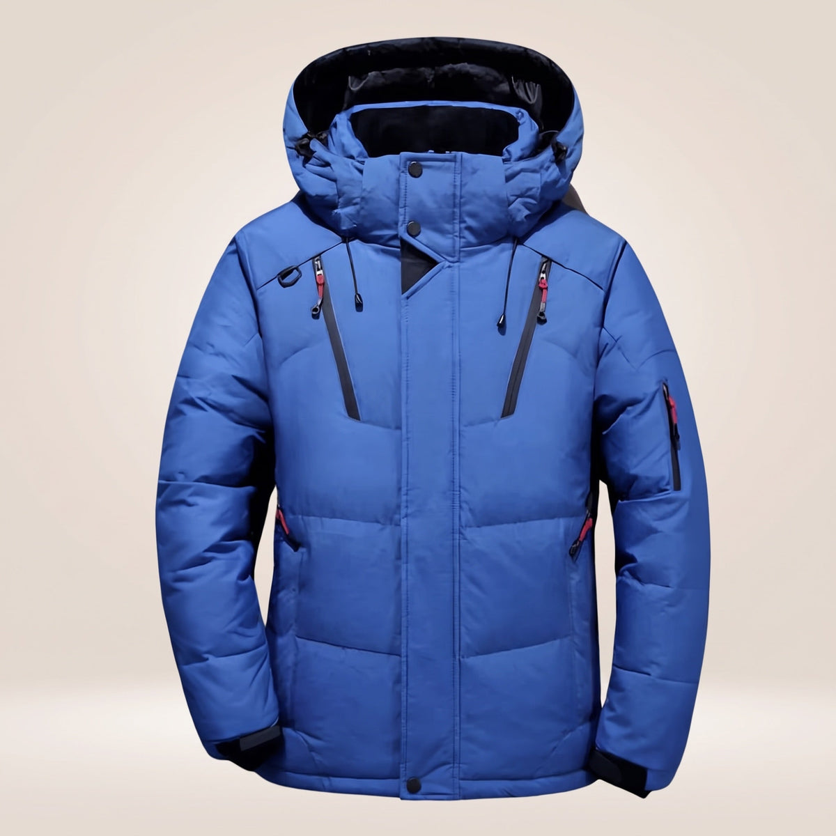 Men's padded hooded winter jacket with zipped pockets and snap storm flap
