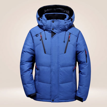 Men's padded hooded winter jacket with zipped pockets and snap storm flap