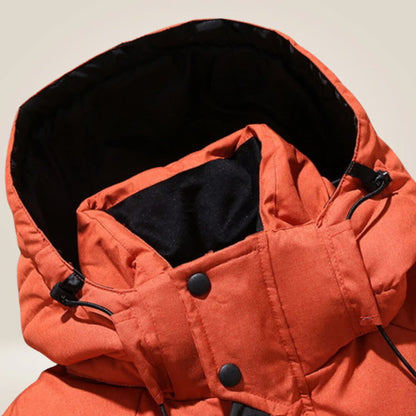 Men's padded hooded winter jacket with zipped pockets and snap storm flap