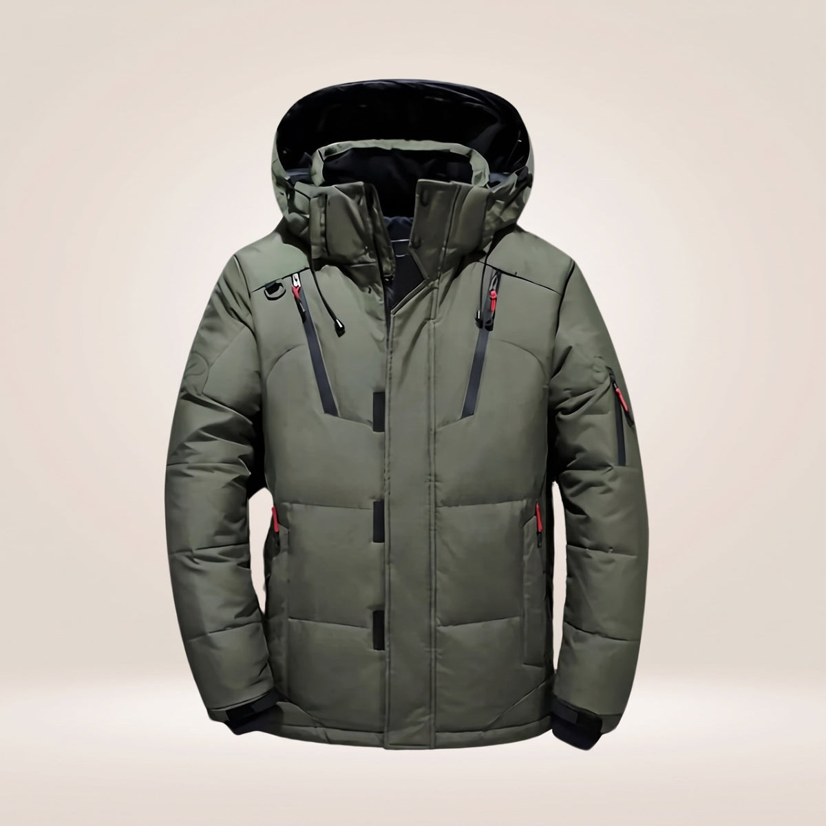 Men's padded hooded winter jacket with zipped pockets and snap storm flap