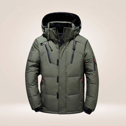 Men's padded hooded winter jacket with zipped pockets and snap storm flap