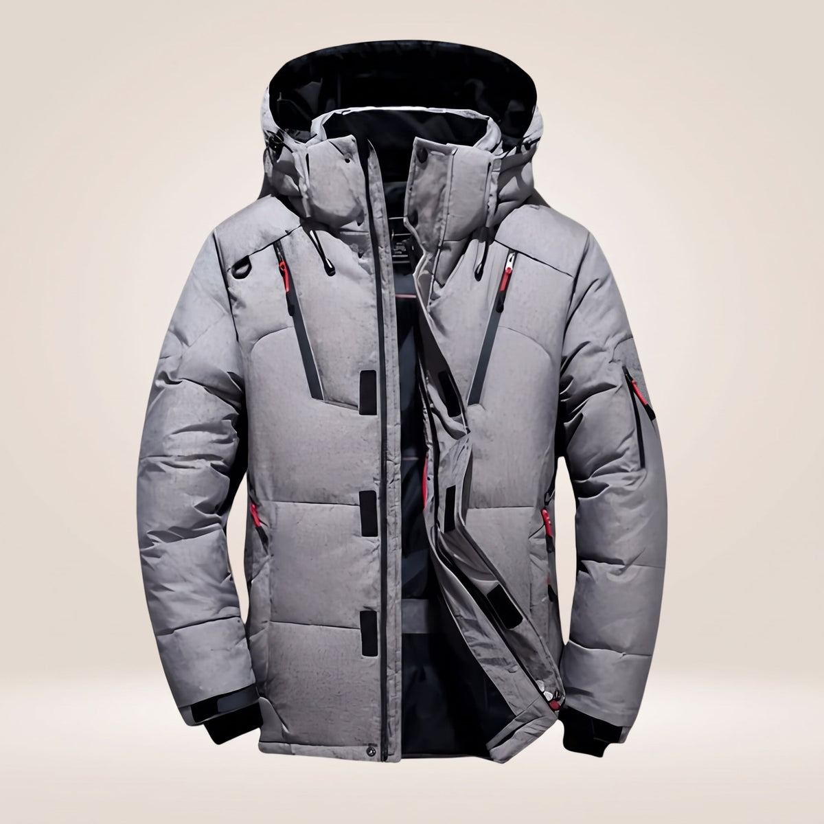 Men's padded hooded winter jacket with zipped pockets and snap storm flap