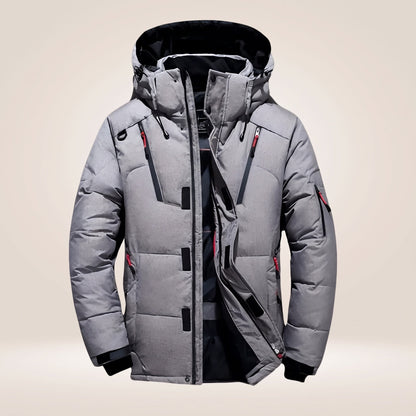 Men's padded hooded winter jacket with zipped pockets and snap storm flap