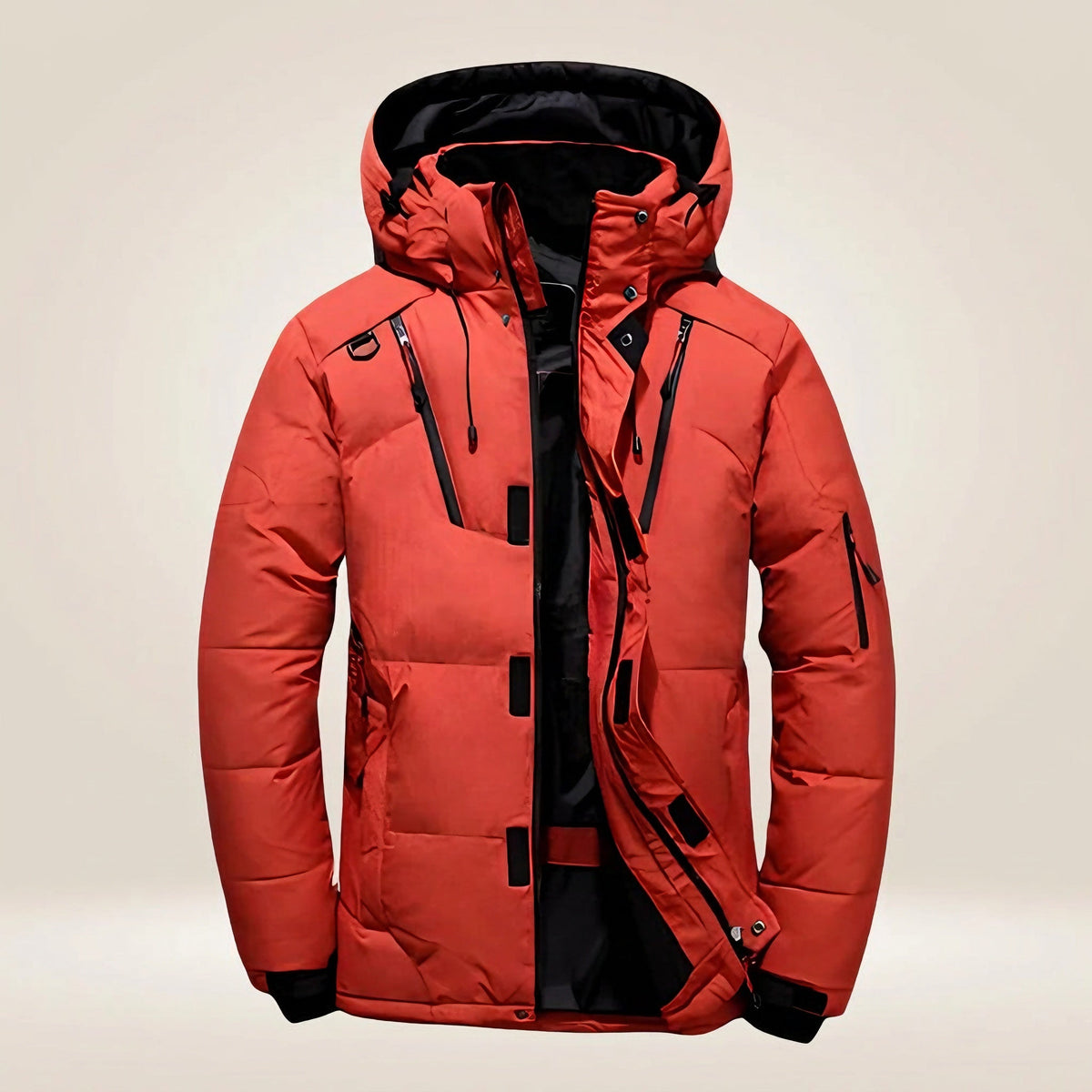 Men's padded hooded winter jacket with zipped pockets and snap storm flap