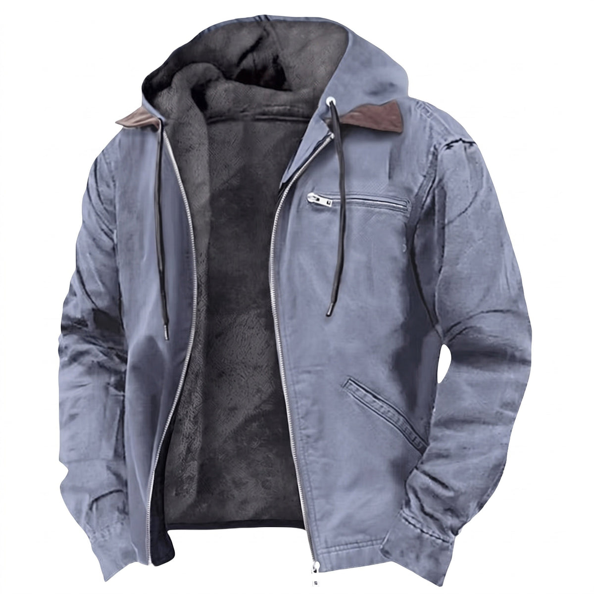 Men's hooded fleece-lined utility jacket with zip front and multiple pockets
