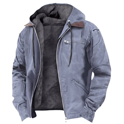 Men's hooded fleece-lined utility jacket with zip front and multiple pockets