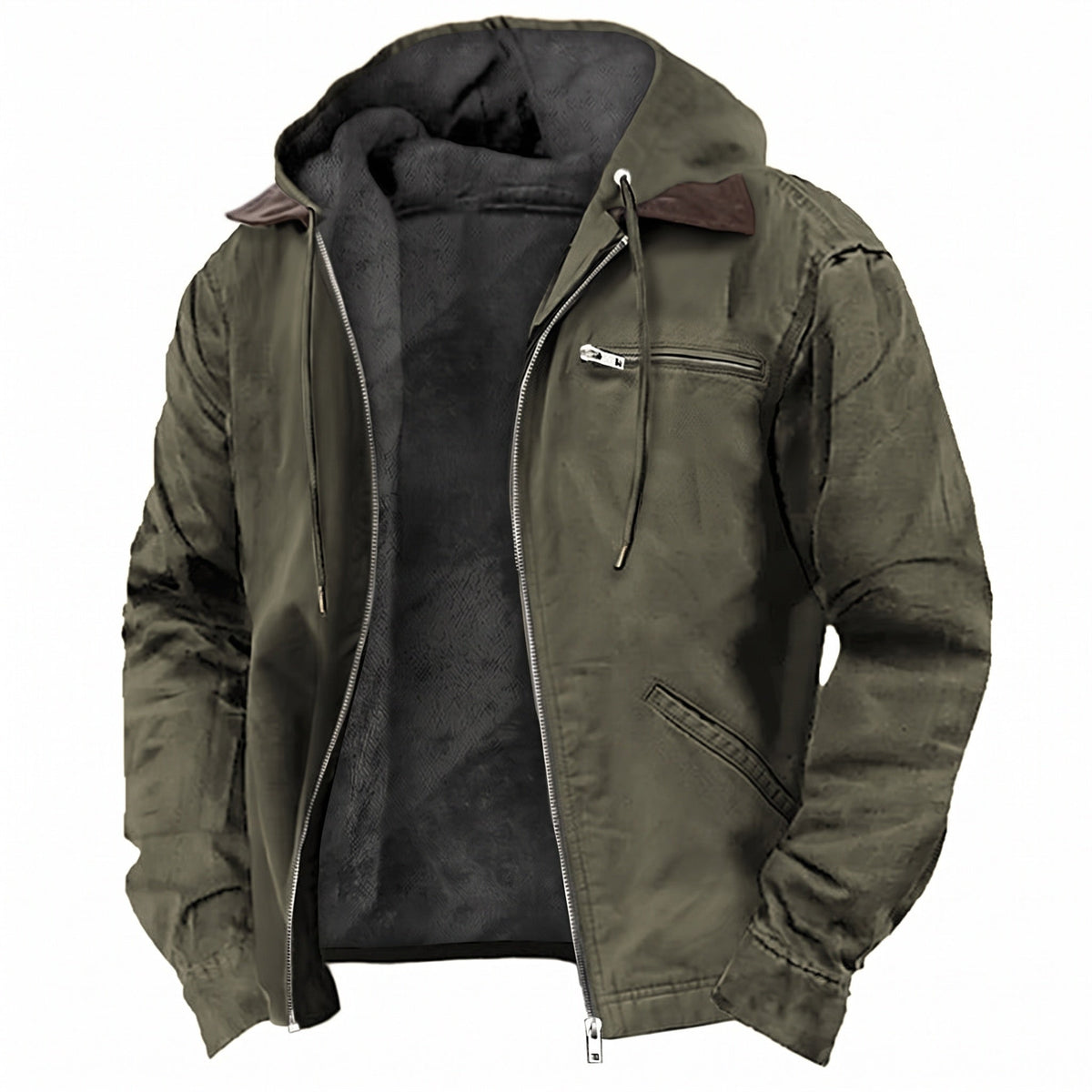 Men's hooded fleece-lined utility jacket with zip front and multiple pockets
