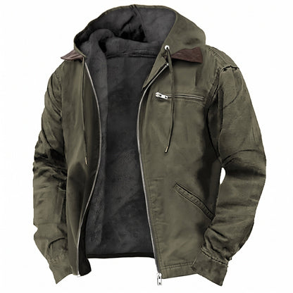 Men's hooded fleece-lined utility jacket with zip front and multiple pockets