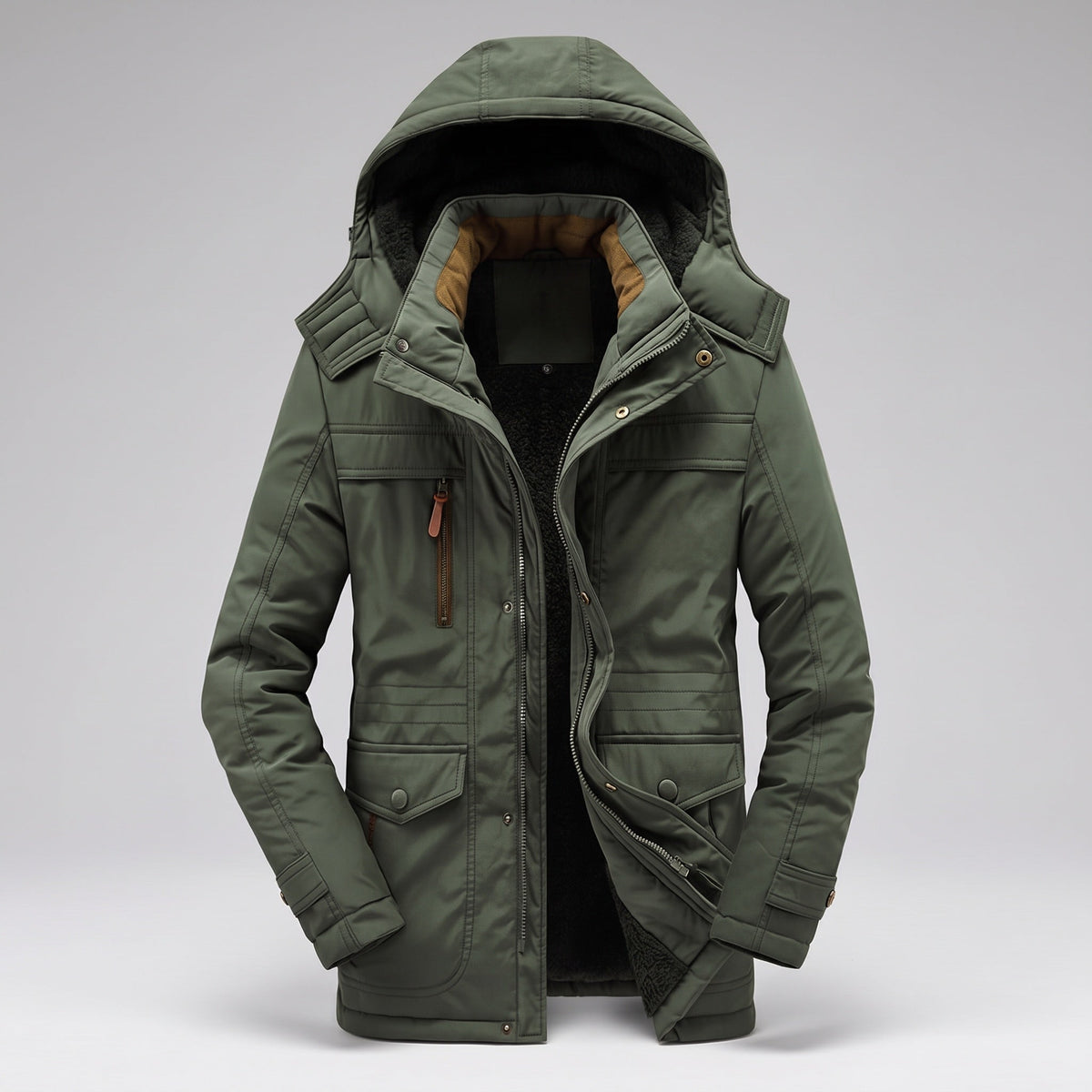 Men's hooded winter jacket with multiple pockets and long sleeves