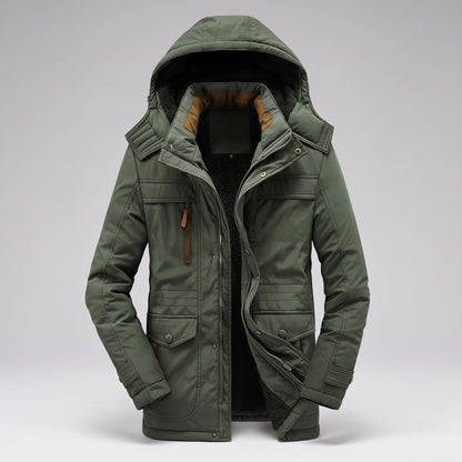 Men's hooded winter jacket with multiple pockets and long sleeves