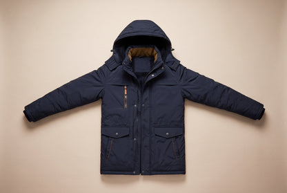 Men's hooded winter jacket with multiple pockets and long sleeves