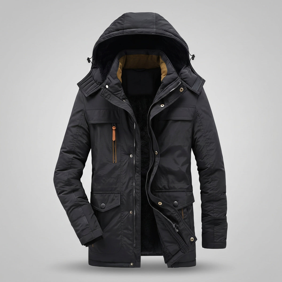 Men's hooded winter jacket with multiple pockets and long sleeves