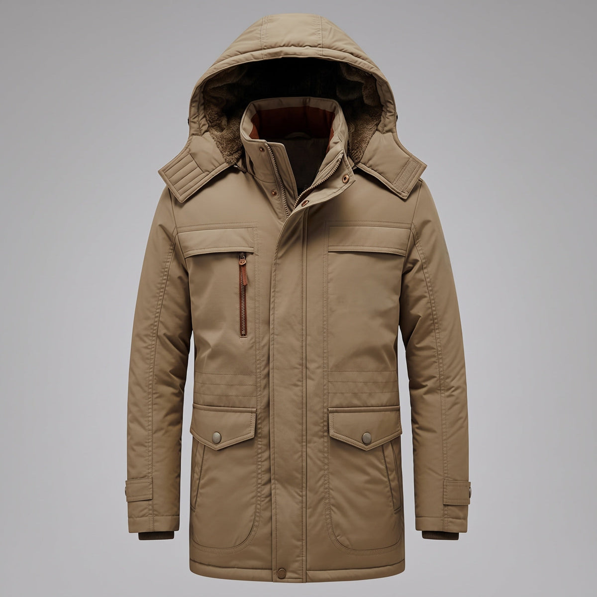 Men's hooded winter jacket with multiple pockets and long sleeves