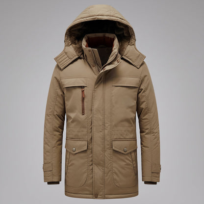 Men's hooded winter jacket with multiple pockets and long sleeves