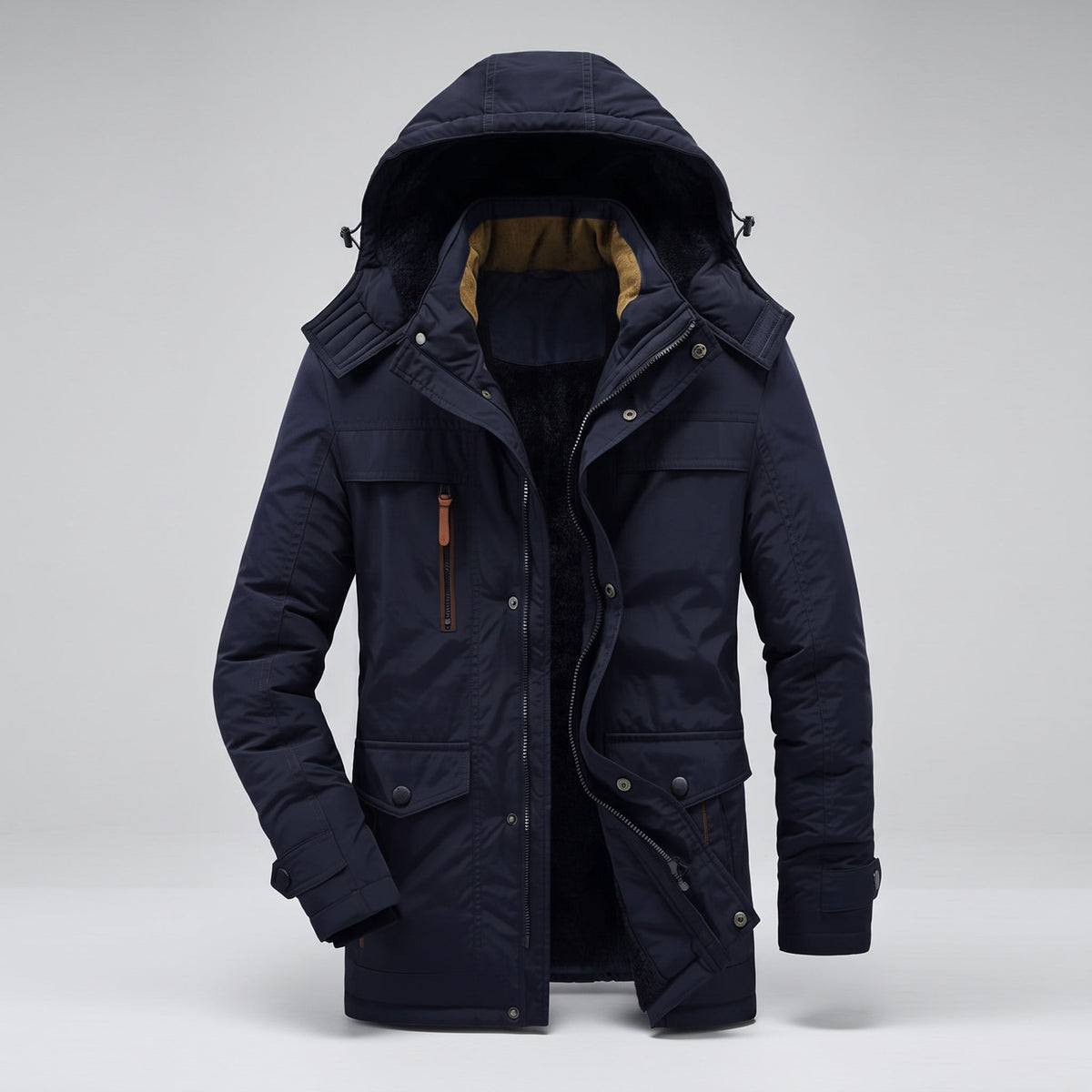 Men's hooded winter jacket with multiple pockets and long sleeves