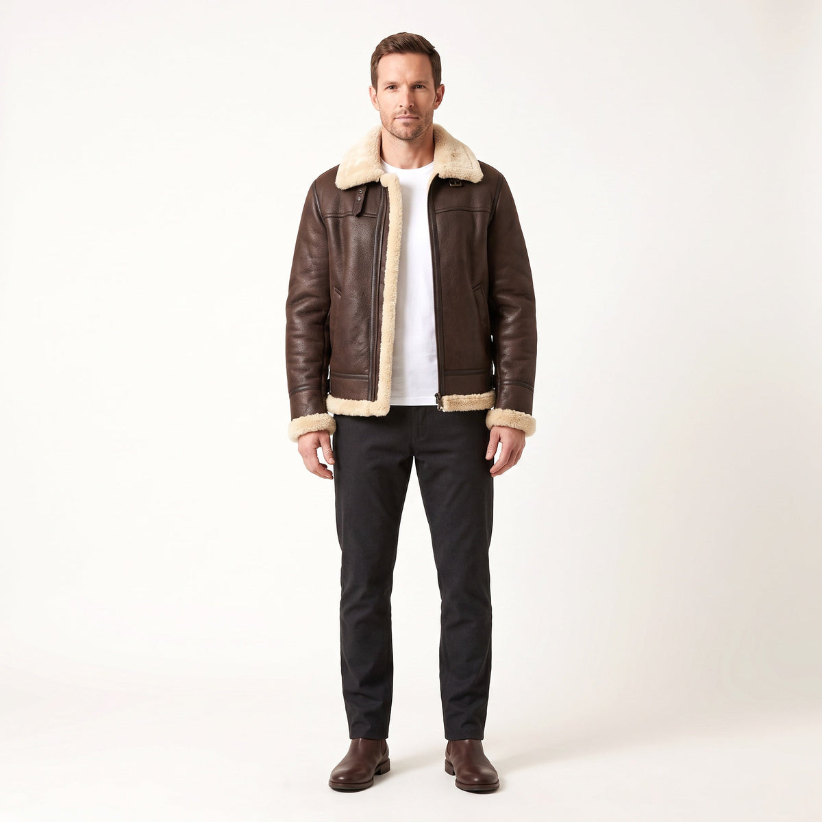 Men's brown faux leather jacket with cream shearling collar and trim