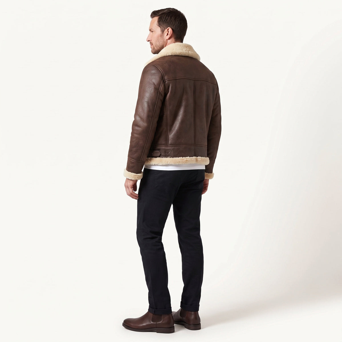 Men's brown faux leather jacket with cream shearling collar and trim