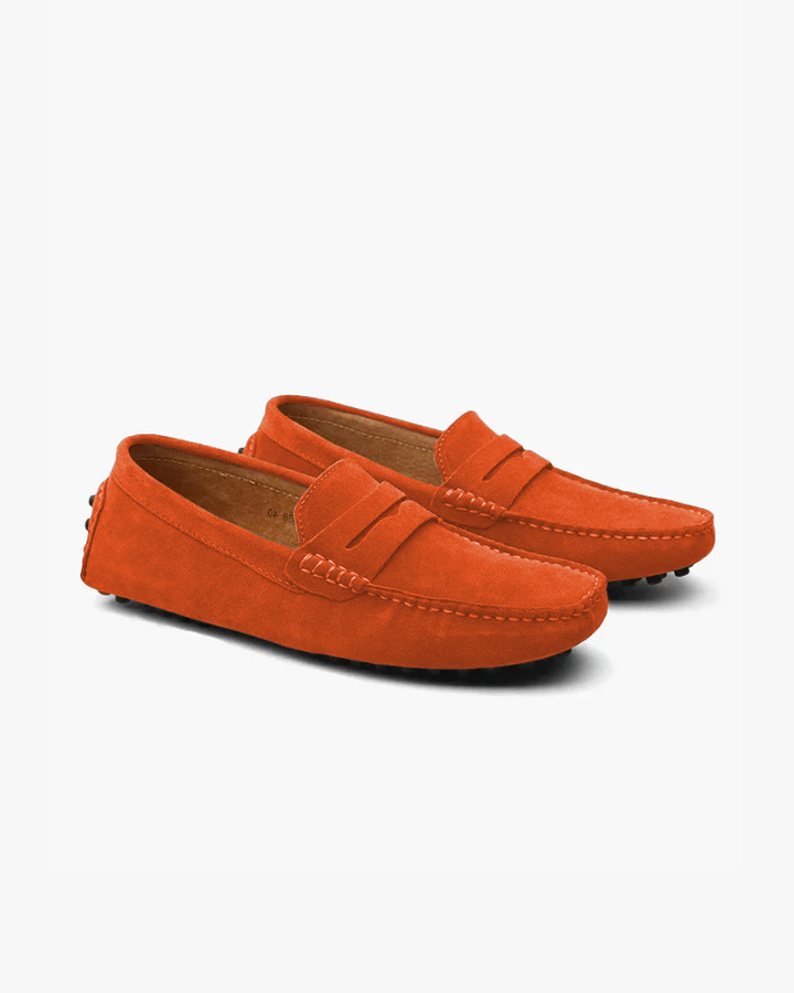 Men's suede driver loafers with moc toe and vamp strap