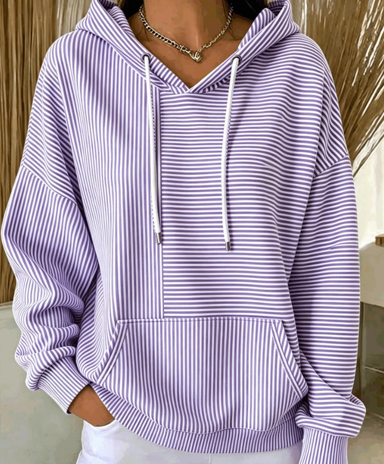 Women's striped hoodie with v-neck drawstring hood and front pouch pocket