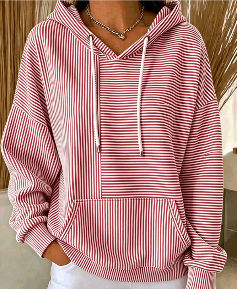 Women's striped hoodie with v-neck drawstring hood and front pouch pocket