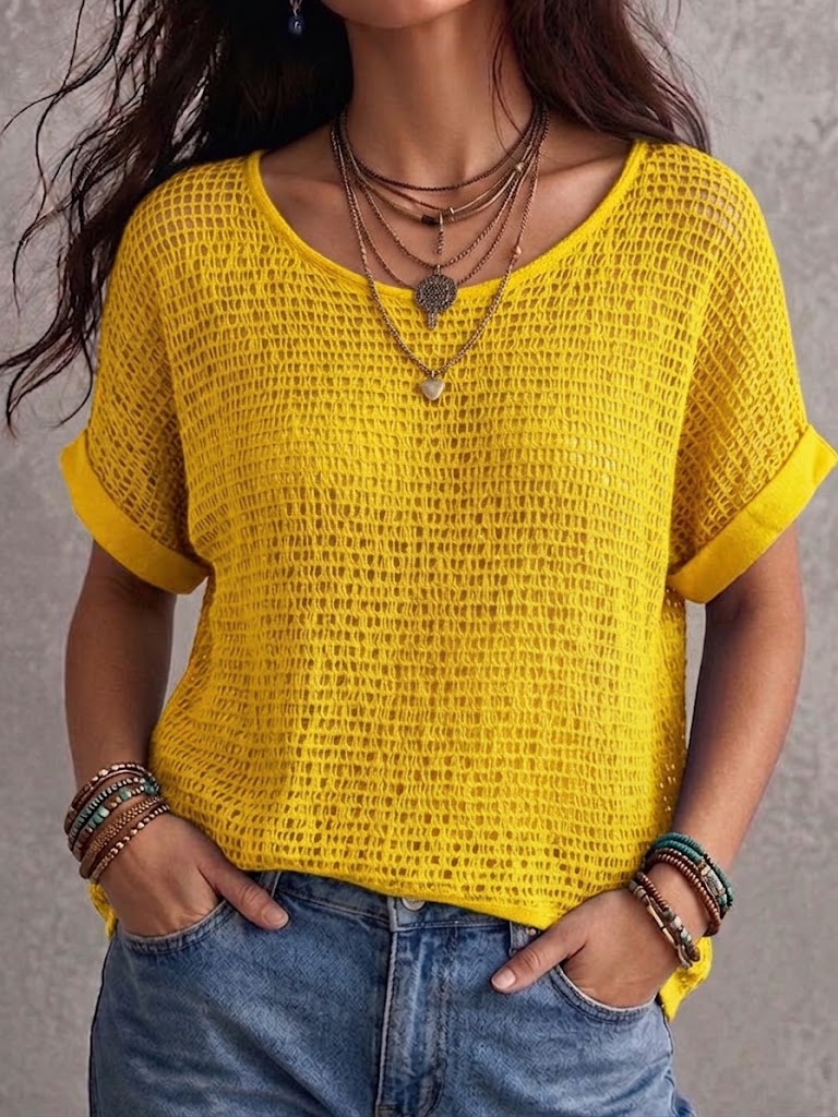 Women's round neck knit top with hollow grid texture and rolled short sleeves in blue and white