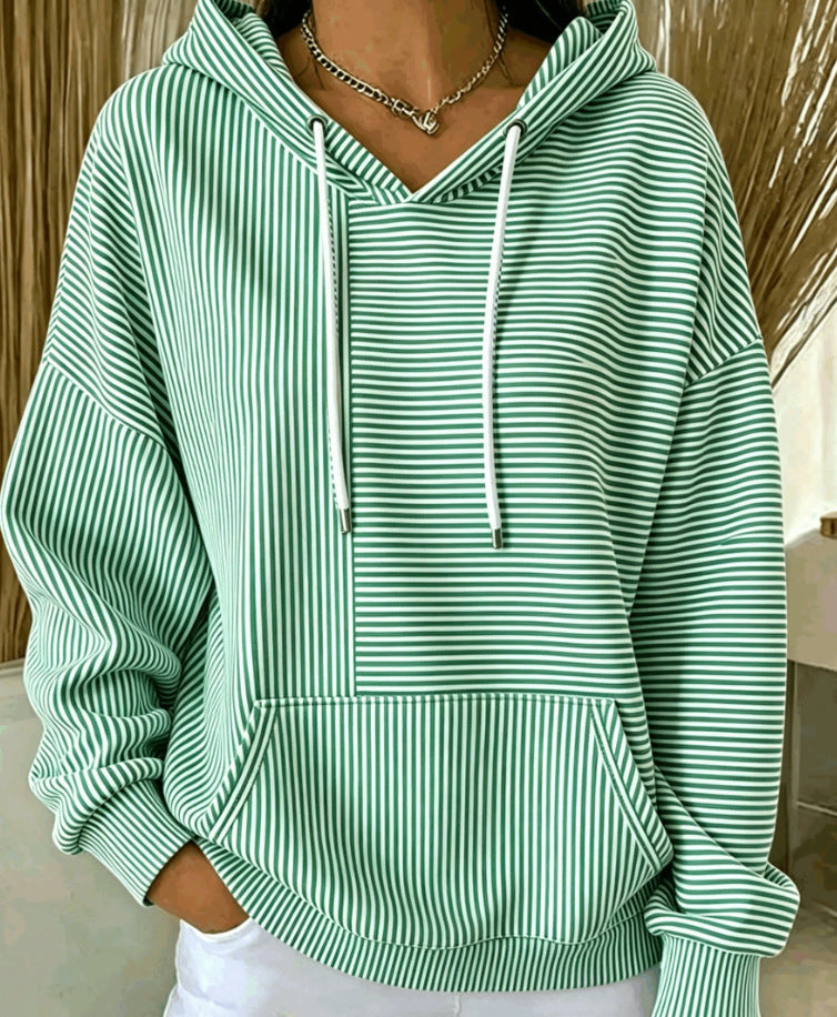 Women's striped hoodie with v-neck drawstring hood and front pouch pocket