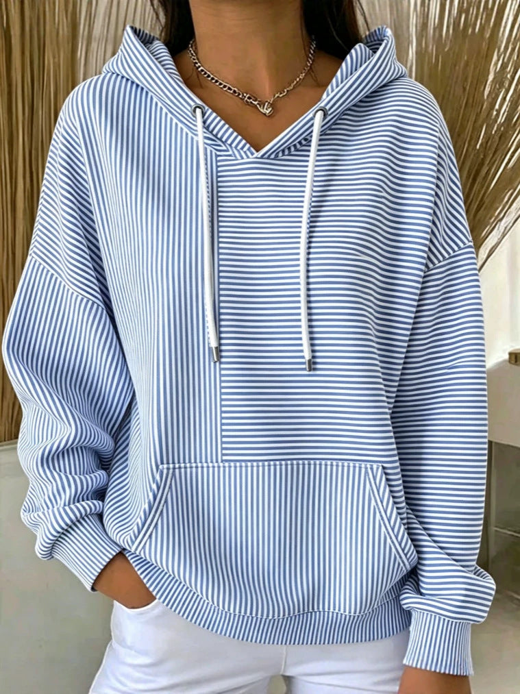 Women's striped hoodie with v-neck drawstring hood and front pouch pocket