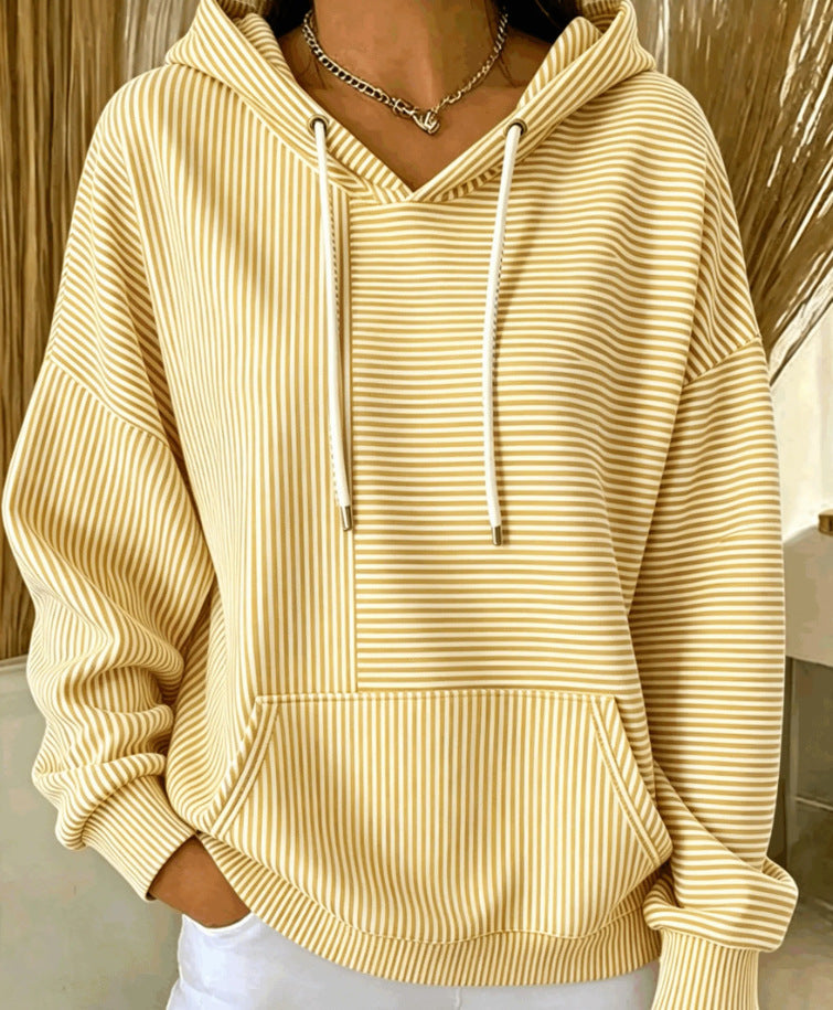 Women's striped hoodie with v-neck drawstring hood and front pouch pocket
