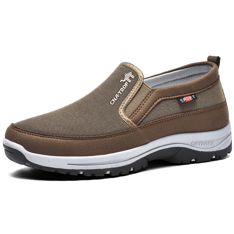 Men's slip-on walking shoe with textured upper, layered sole and treaded outsole