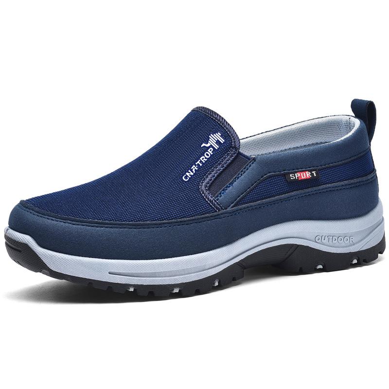 Men's slip-on walking shoe with textured upper, layered sole and treaded outsole
