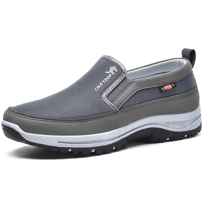 Men's slip-on walking shoe with textured upper, layered sole and treaded outsole