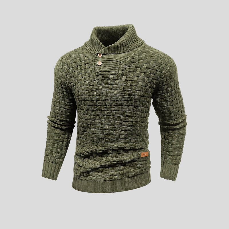 Men's textured knit jumper with high ribbed neck, buttons and long sleeves