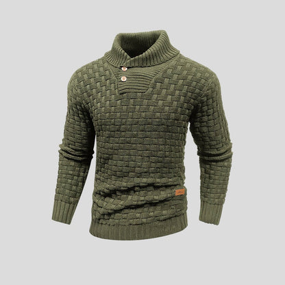 Men's textured knit jumper with high ribbed neck, buttons and long sleeves