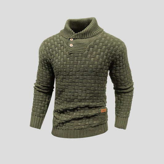 Men's textured knit jumper with high ribbed neck, buttons and long sleeves
