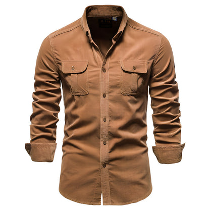 Men's casual long-sleeve shirt with chest pockets in brown and olive green