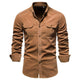 Men's casual long-sleeve shirt with chest pockets in brown and olive green