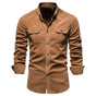 Men's casual long-sleeve shirt with chest pockets in brown and olive green
