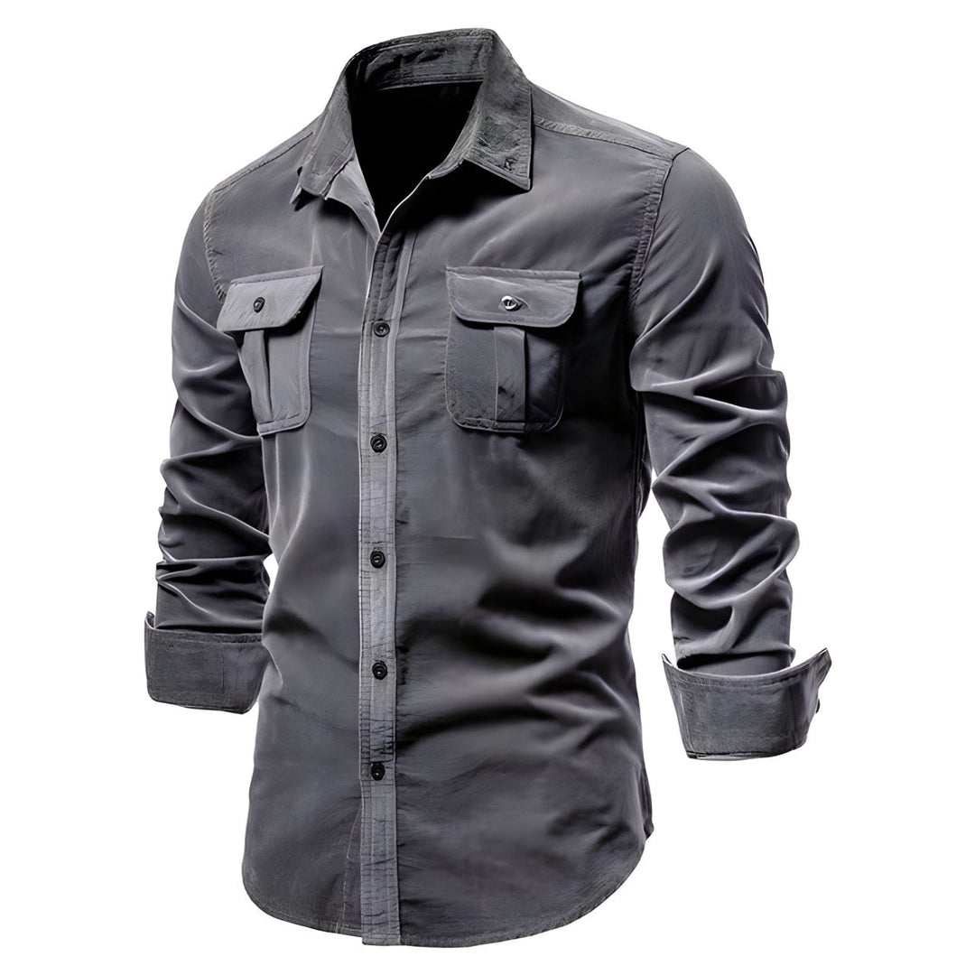 Men's casual long-sleeve shirt with chest pockets in brown and olive green