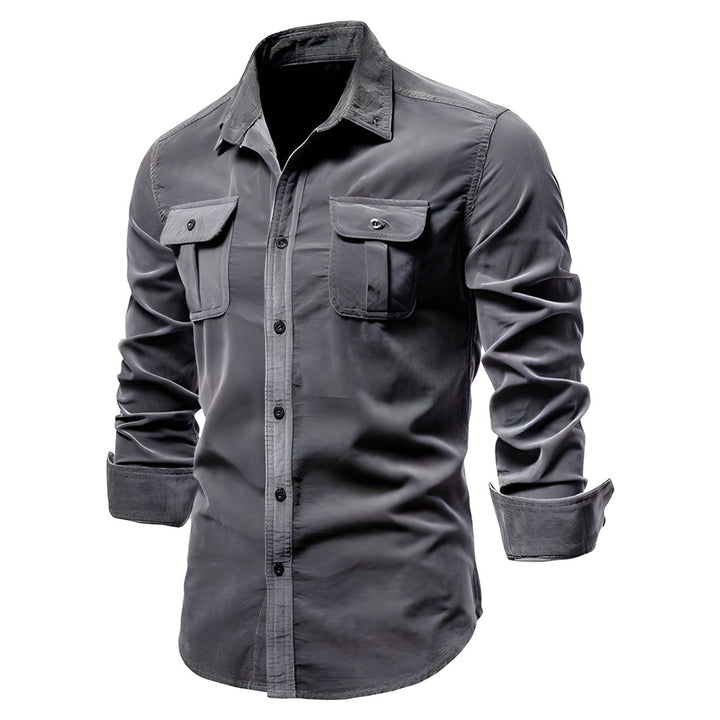 Men's casual long-sleeve shirt with chest pockets in brown and olive green