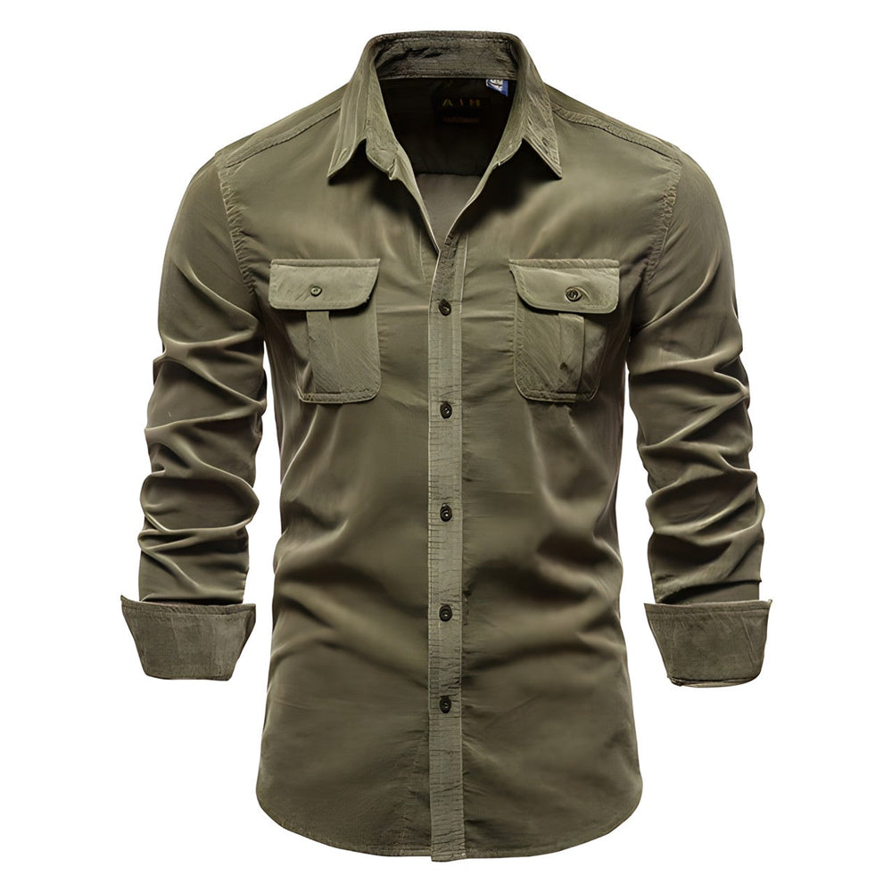 Men's casual long-sleeve shirt with chest pockets in brown and olive green